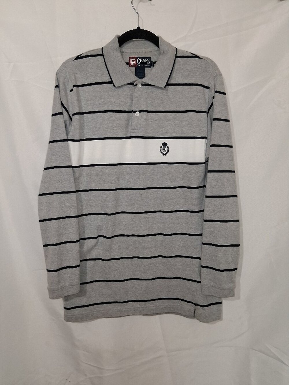Vintage 90s Y2K Chaps Ralph Lauren Polo Shirt Mens Small Gray Striped Crest